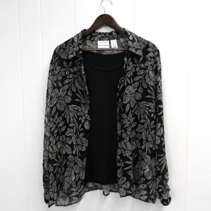 Alfred Dunner Womens 2Pc Top Set Size 14 Black Beige Abstract Print Blouse/#7248